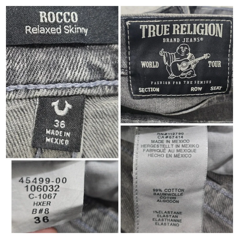 True Religion Rocco Relaxed Skinny Grey Acid Wash Jeans Mens 36 106032 HXER